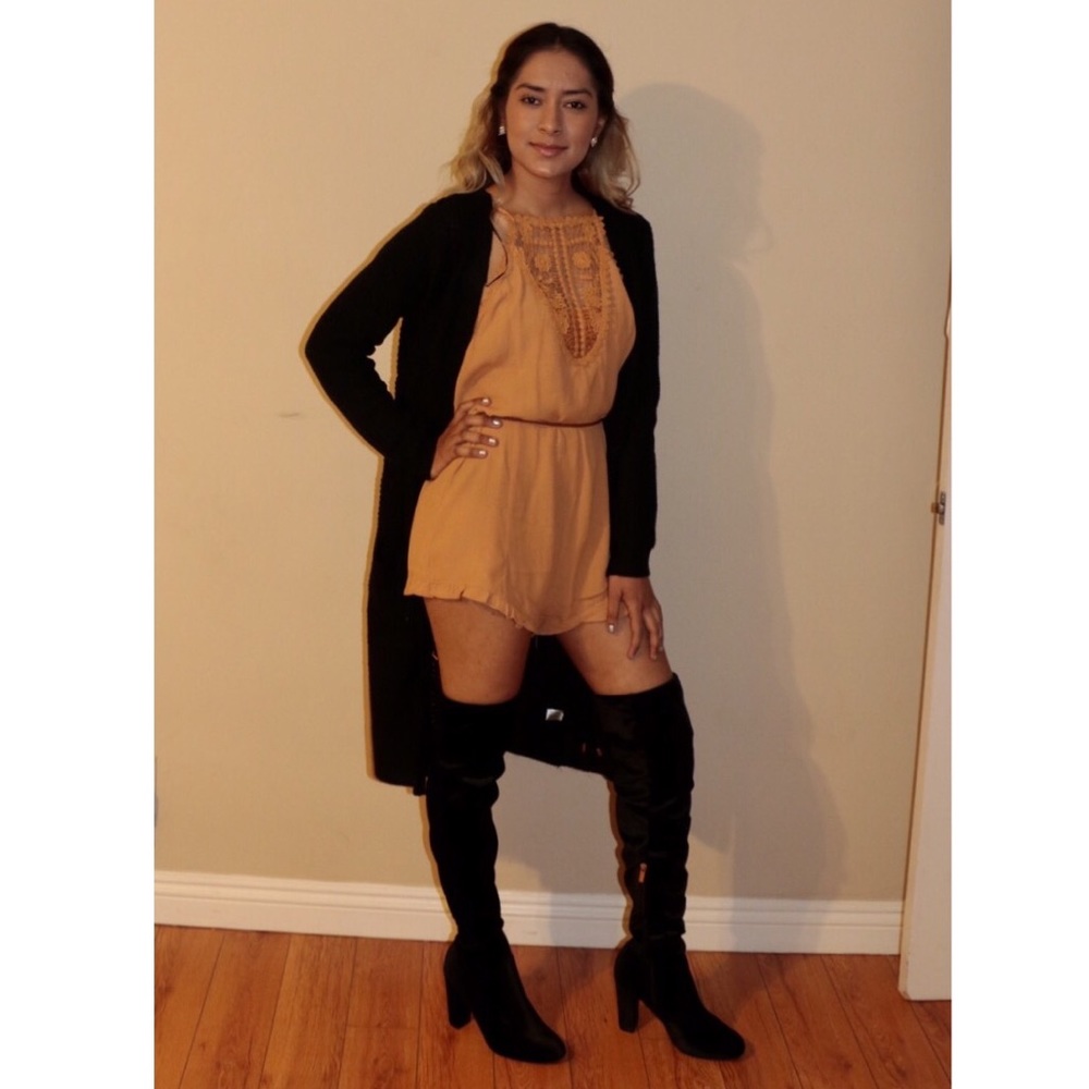 Over the knee black velvet heeled boots